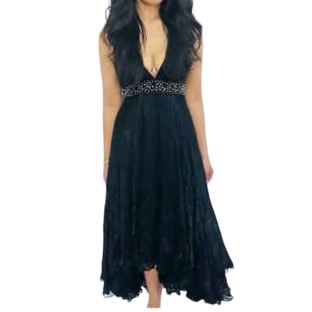 Bebe Black  Adjustable Strap Jacquard Velvet Boho Maxi Dress with studded detail
